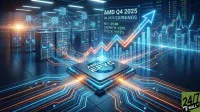 A futuristic blue and orange digital graphic depicting an AMD EPYC CPU at its center, with glowing circuit lines extending outward. In the background, multiple server racks are connected by glowing network lines. To the right, a holographic interface displays 'AMD Q4 2025 EARNINGS' with key metrics: 'REV: $9.6B', 'GROWTH: +25%', and 'STOCK: +112%', alongside a rising bar and line graph signifying positive market performance, set against a backdrop of illuminated city skyscrapers.