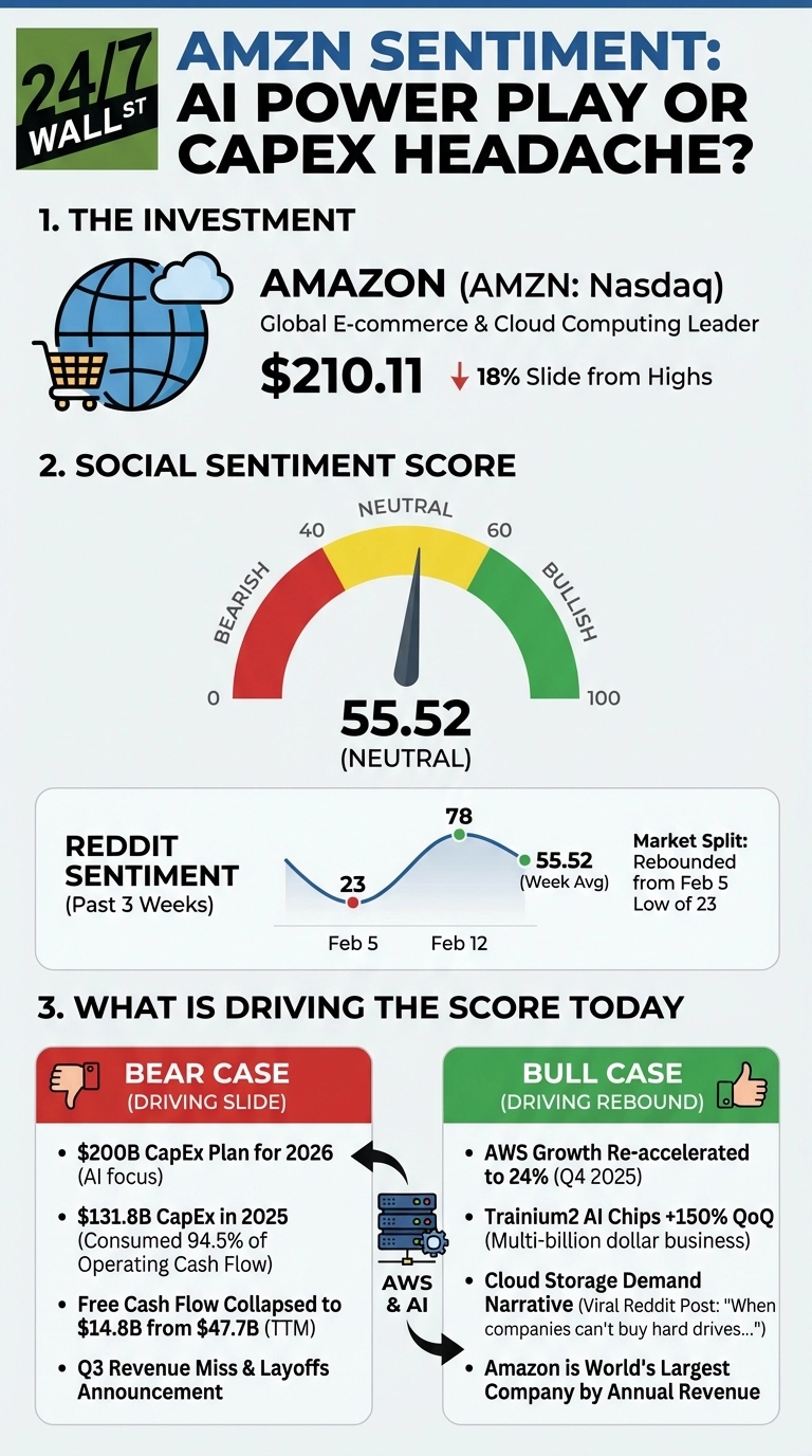 An infographic titled 'AMZN SENTIMENT: AI POWER PLAY OR CAPEX HEADACHE?'. It presents Amazon's current stock price at $210.11, reflecting an 18% slide from its highs. A social sentiment gauge shows 55.52, labeled as 'NEUTRAL', on a scale from 0 (Bearish) to 100 (Bullish). A line graph for Reddit sentiment over three weeks in February 2026 shows a low of 23 on February 5, a peak of 78 on February 12, and a week average of 55.52, indicating a rebound from the February 5 low. The infographic then lists factors driving the score. The 'BEAR CASE (DRIVING SLIDE)', marked with a thumbs down icon, includes: '$200B CapEx Plan for 2026 (AI focus)', '$131.8B CapEx in 2025 (Consumed 94.5% of Operating Cash Flow)', 'Free Cash Flow Collapsed to $14.8B from $47.7B (TTM)', and 'Q3 Revenue Miss & Layoffs Announcement'. The 'BULL CASE (DRIVING REBOUND)', marked with a thumbs up icon, includes: 'AWS Growth Re-accelerated to 24% (Q4 2025)', 'Trainium2 AI Chips +150% QoQ (Multi-billion dollar business)', 'Cloud Storage Demand Narrative (Viral Reddit Post: