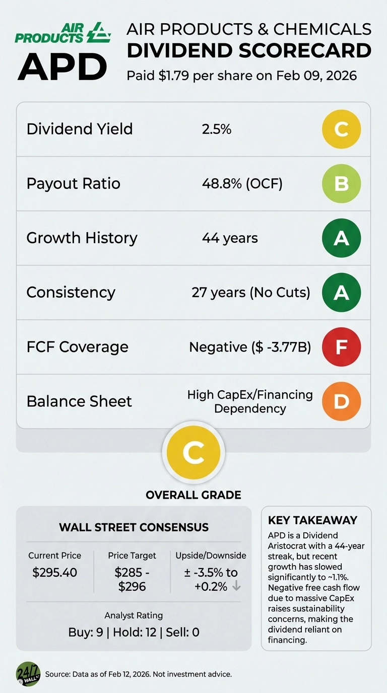 An infographic for Air Products & Chemicals (APD) titled 'AIR PRODUCTS & CHEMICALS DIVIDEND SCORECARD'. The top features the company logo and ticker APD, stating a $1.79 dividend was paid per share on February 09, 2026. A scorecard table lists six metrics with their values and letter grades: Dividend Yield 2.5% (C), Payout Ratio 48.8% (OCF) (B), Growth History 44 years (A), Consistency 27 years (No Cuts) (A), FCF Coverage Negative ($ -3.77B) (F), and Balance Sheet High CapEx/Financing Dependency (D). An overall grade of 'C' is prominently displayed. Below, a 'WALL STREET CONSENSUS' section shows Current Price $295.40, Price Target $285 - $296, Upside/Downside ± -3.5% to +0.2%, and Analyst Rating: Buy 9 | Hold 12 | Sell 0. A 'KEY TAKEAWAY' box explains APD is a Dividend Aristocrat with a 44-year streak, but growth has slowed, and negative free cash flow due to CapEx raises sustainability concerns, making the dividend reliant on financing. The source states 'Data as of Feb 12, 2026'.