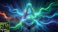 A prominent, three-dimensional, glowing letter 'A' stylized as a circuit board stands in the center of the image. It rests on a microchip, which is integrated into a larger circuit board with numerous glowing blue and green traces. The background features dynamic, wavy lines of blue, green, and orange light, creating a futuristic and high-tech atmosphere. A dark green logo with '24/7 WALL ST' is in the bottom left corner.