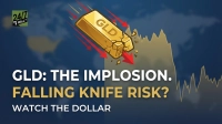 A graphic shows a gold bar labeled 'GLD' cracking and falling rapidly with red downward arrows. A jagged, declining chart is visible in the background, set against a blurry map of the United States. Text on the image reads 'GLD: THE IMPLOSION. FALLING KNIFE RISK? WATCH THE DOLLAR.' A '24/7 WALL ST' logo is in the upper left corner.