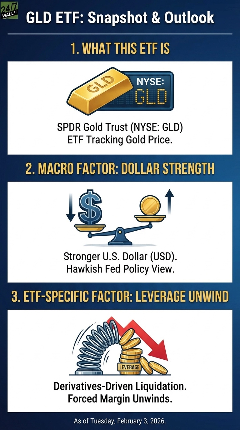 An infographic titled 'GLD ETF: Snapshot & Outlook' on a dark blue background. It is divided into three sections with white backgrounds and a footer. Section 1, 'WHAT THIS ETF IS', shows a gold bar labeled 'GLD' next to a digital display showing 'NYSE: GLD'. Text below reads: 'SPDR Gold Trust (NYSE: GLD) ETF Tracking Gold Price.' Section 2, 'MACRO FACTOR: DOLLAR STRENGTH', displays a balance scale with a dollar sign on the left, an arrow pointing down, and a gold coin on the right, an arrow pointing up. Text below reads: 'Stronger U.S. Dollar (USD). Hawkish Fed Policy View.' Section 3, 'ETF-SPECIFIC FACTOR: LEVERAGE UNWIND', shows a spring pushing down on a stack of gold coins labeled 'LEVERAGE', with a large red downward arrow behind them. Text below reads: 'Derivatives-Driven Liquidation. Forced Margin Unwinds.' The footer states: 'As of Tuesday, February 3, 2026.'