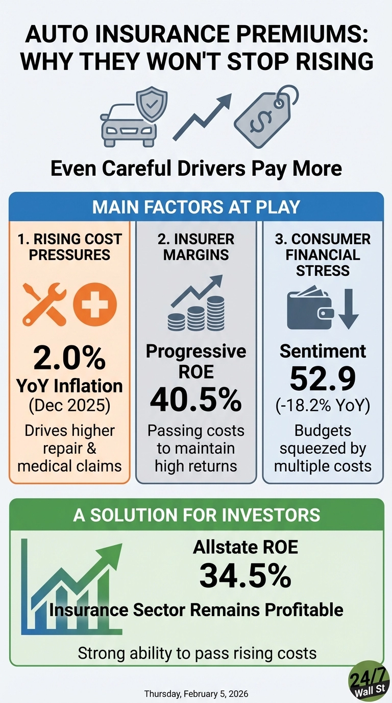 An infographic titled 'AUTO INSURANCE PREMIUMS: WHY THEY WON'T STOP RISING' with a subtitle 'Even Careful Drivers Pay More'. It features an icon of a car with a shield, an upward trend arrow, and a price tag. The main section is divided into three columns: '1. RISING COST PRESSURES' with a wrench and cross icon, showing '2.0% YoY Inflation (Dec 2025)' and 'Drives higher repair & medical claims'. '2. INSURER MARGINS' with a stacked coins and upward arrow icon, showing 'Progressive ROE 40.5%' and 'Passing costs to maintain high returns'. '3. CONSUMER FINANCIAL STRESS' with a wallet and downward arrow icon, showing 'Sentiment 52.9 (-18.2% YoY)' and 'Budgets squeezed by multiple costs'. Below this, a green section titled 'A SOLUTION FOR INVESTORS' displays a rising bar chart icon, stating 'Allstate ROE 34.5%' and 'Insurance Sector Remains Profitable' with 'Strong ability to pass rising costs'. The bottom includes the date 'Thursday, February 5, 2026' and a '24/7 Wall St' logo.