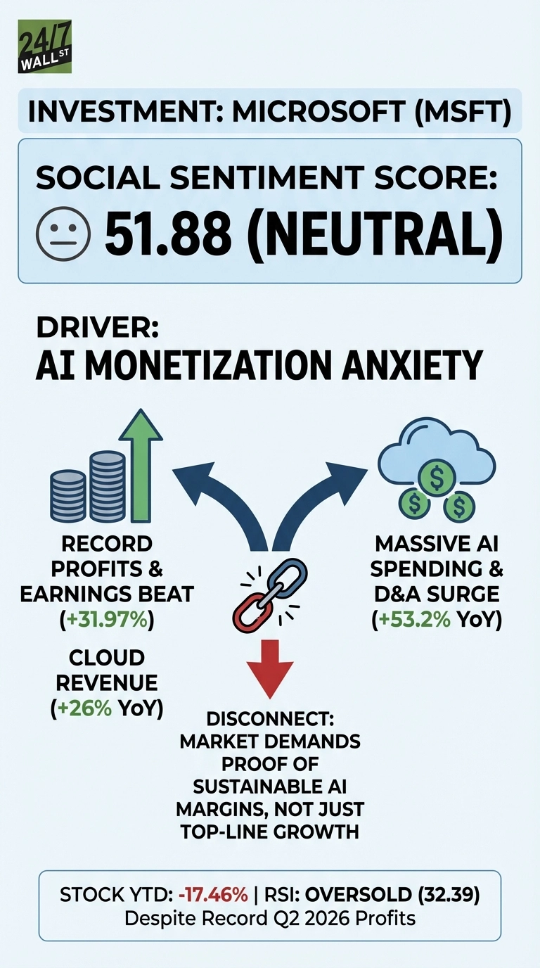An infographic titled 'INVESTMENT: MICROSOFT (MSFT)' on a light blue background. A prominent section shows 'SOCIAL SENTIMENT SCORE: 51.88 (NEUTRAL)' with a neutral face icon. Below, 'DRIVER: AI MONETIZATION ANXIETY' is displayed. Two curved arrows point towards a broken chain icon, representing a 'DISCONNECT'. On the left, a stack of coins with a green upward arrow represents 'RECORD PROFITS & EARNINGS BEAT (+31.97%)' and 'CLOUD REVENUE (+26% YoY)'. On the right, a cloud with dollar signs and a blue arrow depicts 'MASSIVE AI SPENDING & D&A SURGE (+53.2% YoY)'. Below the broken chain, text states 'MARKET DEMANDS PROOF OF SUSTAINABLE AI MARGINS, NOT JUST TOP-LINE GROWTH'. A final white box at the bottom reads 'STOCK YTD: -17.46% | RSI: OVERSOLD (32.39) Despite Record Q2 2026 Profits'. The top left corner features the '24/7 WALL ST' logo.