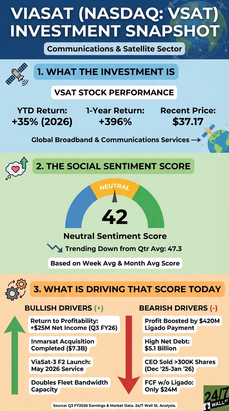 An infographic titled 'Viasat (NASDAQ: VSAT) Investment Snapshot' for the Communications & Satellite Sector. Section 1, 'What the Investment Is', shows VSAT Stock Performance: YTD Return: +35% (2026), 1-Year Return: +396%, Recent Price: $37.17. It also mentions 'Global Broadband & Communications Services'. Section 2, 'The Social Sentiment Score', displays a gauge with a needle pointing to 'NEUTRAL' and a score of 42. Below it, text reads 'Neutral Sentiment Score' and 'Trending Down from Qtr Avg: 47.3', based on week and month average score. Section 3, 'What Is Driving That Score Today', presents 'Bullish Drivers (+)' with a green upward arrow and 'Bearish Drivers (-)' with a red downward arrow. Bullish drivers are listed as: Return to Profitability: +$25M Net Income (Q3 FY26), Inmarsat Acquisition Completed ($7.3B), ViaSat-3 F2 Launch: May 2026 Service, Doubles Fleet Bandwidth Capacity. Bearish drivers are listed as: Profit Boosted by $420M Ligado Payment, High Net Debt: $5.1 Billion, CEO Sold >300K Shares (Dec '25-Jan '26), FCF w/o Ligado: Only $24M. The bottom notes 'Source: Q3 FY2026 Earnings & Market Data. 24/7 Wall St. Analysis.'