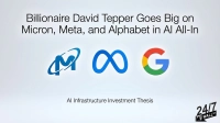 Text at the top reads 'Billionaire David Tepper Goes Big on Micron, Meta, and Alphabet in AI All-In'. Below this are three company logos: a blue stylized 'M' with an orbiting ellipse for Micron, a solid blue infinity symbol for Meta, and a multicolored 'G' for Google/Alphabet. Further below, text reads 'AI Infrastructure Investment Thesis'. A '24/7 WALL ST' logo is in the bottom right corner, all on a light gray background.