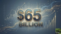 A 3D graphic displaying '$65 BILLION' in large, gold-framed, blue letters with intricate circuit board patterns. The background features abstract digital lines, upward-trending bar graphs, and line charts, all rendered in shades of blue and gold, suggesting financial growth and technological progress. A '24/7 WALL ST' logo is present in the bottom right corner.
