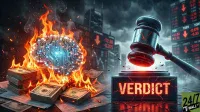 A stylized image depicting a glowing blue circuit-board brain engulfed in orange and red flames, surrounded by stacks of burning US hundred-dollar bills on a dark, cracked surface. To the right, a large, dark wooden judge's gavel with glowing red cracks descends onto a cracked base displaying the word 'VERDICT' in glowing red letters. In the blurred background, financial ticker boards show red downward arrows and negative numbers, suggesting a market downturn, with dark city buildings and a stormy sky above. The bottom right features the '24/7 WALL ST' logo.