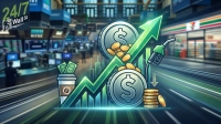 A vibrant, stylized graphic showing financial market and consumer spending concepts. A large upward-pointing green arrow dominates the center, surrounded by silver dollar coins, gold coins, a gas pump nozzle pointing down towards a stack of gold coins, and a coffee cup overflowing with dollar bills. The background features a blurred stock exchange floor on the left and a blurred convenience store (7-Eleven) on the right. A '24/7 Wall St' logo is in the top left corner.