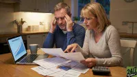 A middle-aged man and woman sit at a wooden kitchen table, looking at financial documents with concern. The man, with gray hair and a beard, holds his head in his hands, expressing stress, while the woman points to a paper. On the table are a laptop displaying a graph of rising 'Interest, interest rates,' a calculator, multiple bills, and two credit cards. A gray coffee mug sits between them, and a dimly lit kitchen is in the background.