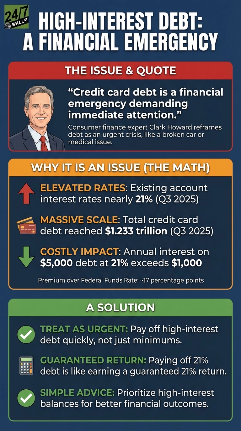 An infographic titled 'HIGH-INTEREST DEBT: A FINANCIAL EMERGENCY' with a '24/7 WALL ST' logo. It's divided into three main sections. The first section, 'THE ISSUE & QUOTE' (red bar), features a cartoon image of consumer finance expert Clark Howard and his quote: 'Credit card debt is a financial emergency demanding immediate attention.' Below this, text explains Clark Howard reframes debt as an urgent crisis. The second section, 'WHY IT IS AN ISSUE (THE MATH)' (orange bar), details three points: 1. An upward arrow icon with 'ELEVATED RATES: Existing account interest rates nearly 21% (Q3 2025)'. 2. A credit card stack icon with 'MASSIVE SCALE: Total credit card debt reached $1.233 trillion (Q3 2025)'. 3. A downward arrow icon with 'COSTLY IMPACT: Annual interest on $5,000 debt at 21% exceeds $1,000'. Below these, smaller text reads: 'Premium over Federal Funds Rate: ~17 percentage points'. The third section, 'A SOLUTION' (green bar), provides three pieces of advice: 1. A checkmark icon with 'TREAT AS URGENT: Pay off high-interest debt quickly, not just minimums.' 2. A calculator icon with 'GUARANTEED RETURN: Paying off 21% debt is like earning a guaranteed 21% return.' 3. A checkmark icon with 'SIMPLE ADVICE: Prioritize high-interest balances for better financial outcomes.' The infographic uses a dark blue background with white text, and red, orange, and green sections.
