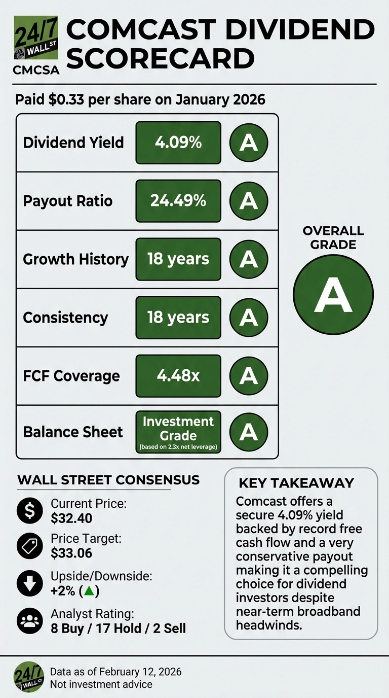An infographic titled 'Comcast Dividend Scorecard' for ticker CMCSA, showing an overall grade of A. A table details dividend metrics, all receiving an A grade: Dividend Yield 4.09%, Payout Ratio 24.49%, Growth History 18 years, Consistency 18 years, FCF Coverage 4.48x, and Balance Sheet as Investment Grade based on 2.3x net leverage. Below, the Wall Street Consensus section lists a Current Price of $32.40, Price Target of $33.06, Upside/Downside of +2%, and Analyst Rating of 8 Buy, 17 Hold, 2 Sell. A 'Key Takeaway' box states: 'Comcast offers a secure 4.09% yield backed by record free cash flow and a very conservative payout making it a compelling choice for dividend investors despite near-term broadband headwinds.' The infographic notes a dividend of $0.33 per share paid on January 2026. Data is as of February 12, 2026.