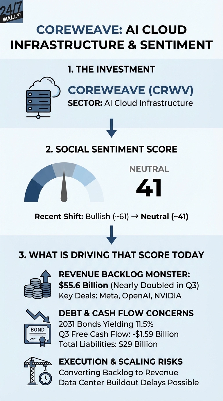 An infographic titled 'COREWEAVE: AI CLOUD INFRASTRUCTURE & SENTIMENT' presented in three sections. Section 1, 'THE INVESTMENT', shows a cloud server icon and text identifying COREWEAVE (CRWV) in the AI Cloud Infrastructure sector. Section 2, 'SOCIAL SENTIMENT SCORE', features a gauge showing a neutral score of 41, indicating a shift from Bullish (~61) to Neutral (~41). Section 3, 'WHAT IS DRIVING THAT SCORE TODAY', lists three factors with icons: 'REVENUE BACKLOG MONSTER' ($55.6 Billion, Meta, OpenAI, NVIDIA deals) with a stack of coins and upward arrow; 'DEBT & CASH FLOW CONCERNS' (2031 Bonds 11.5%, -$1.59 Billion Q3 Free Cash Flow, $29 Billion Total Liabilities) with a bond certificate and downward arrow; and 'EXECUTION & SCALING RISKS' (Converting Backlog to Revenue, Data Center Buildout Delays Possible) with a crane and clock icon. The infographic uses a color scheme of dark blue, light blue, gray, and white.