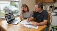 A man and a woman sit at a wooden kitchen table. The woman, with her hand to her forehead, looks stressed, while the man reviews papers and writes. An open laptop displays a car sales website, and stacks of bills are on the table. Through a window, a car is visible outside in the rain.