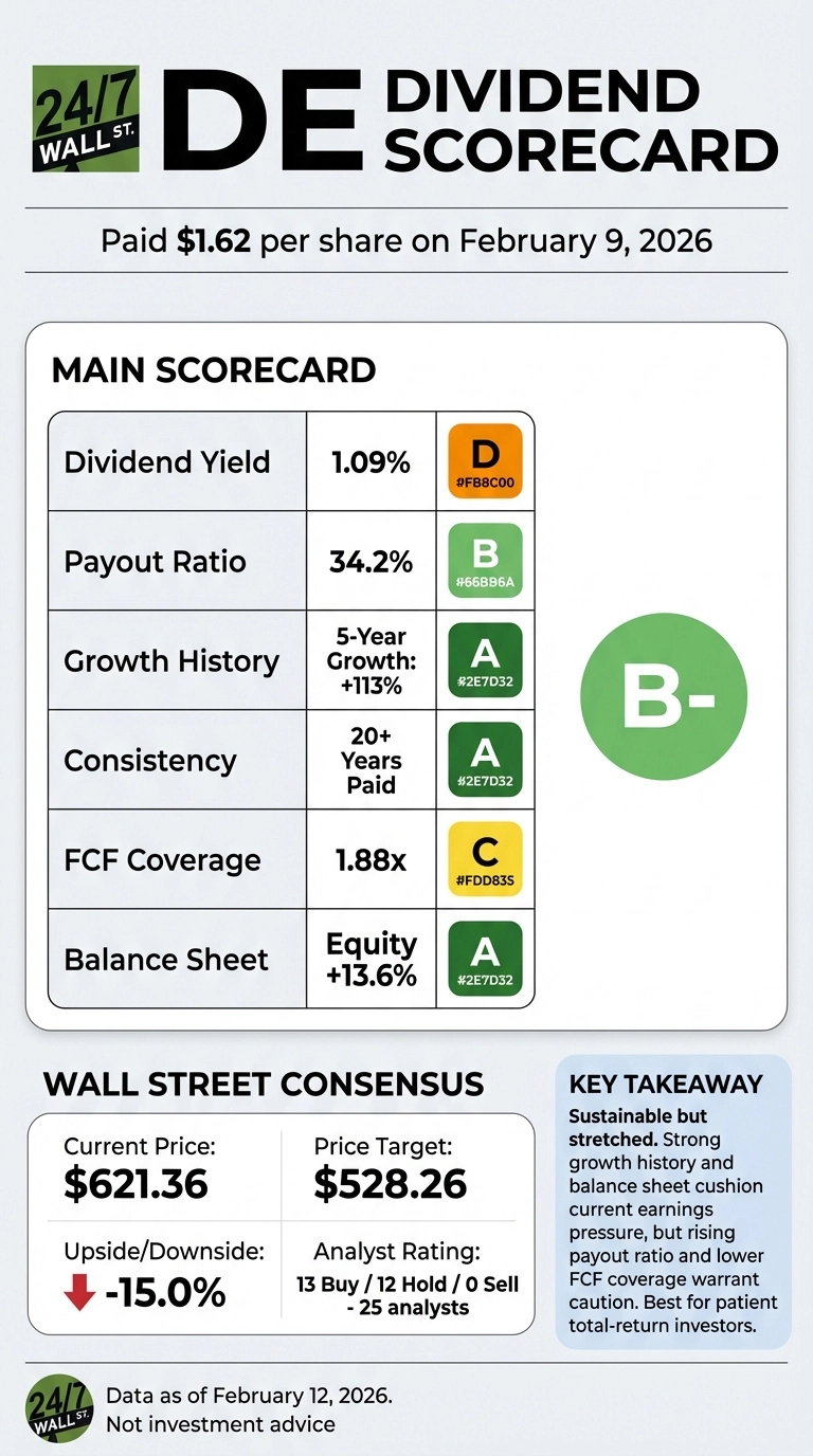 An infographic titled 'DE DIVIDEND SCORECARD' with an overall grade of B- in a large green circle. It notes a dividend of $1.62 per share paid on February 9, 2026. The 'MAIN SCORECARD' table lists six metrics with their values and letter grades in colored squares: Dividend Yield (1.09%, D, orange), Payout Ratio (34.2%, B, light green), Growth History (5-Year Growth: +113%, A, dark green), Consistency (20+ Years Paid, A, dark green), FCF Coverage (1.88x, C, yellow), and Balance Sheet (Equity +13.6%, A, dark green). Below this, the 'WALL STREET CONSENSUS' section shows Current Price: $621.36, Price Target: $528.26, Upside/Downside: -15.0% (with a red down arrow), and Analyst Rating: '13 Buy / 12 Hold / 0 Sell - 25 analysts'. A 'KEY TAKEAWAY' box on the right states 'Sustainable but stretched. Strong growth history and balance sheet cushion current earnings pressure, but rising payout ratio and lower FCF coverage warrant caution. Best for patient total-return investors.' The bottom left indicates 'Data as of February 12, 2026. Not investment advice.'