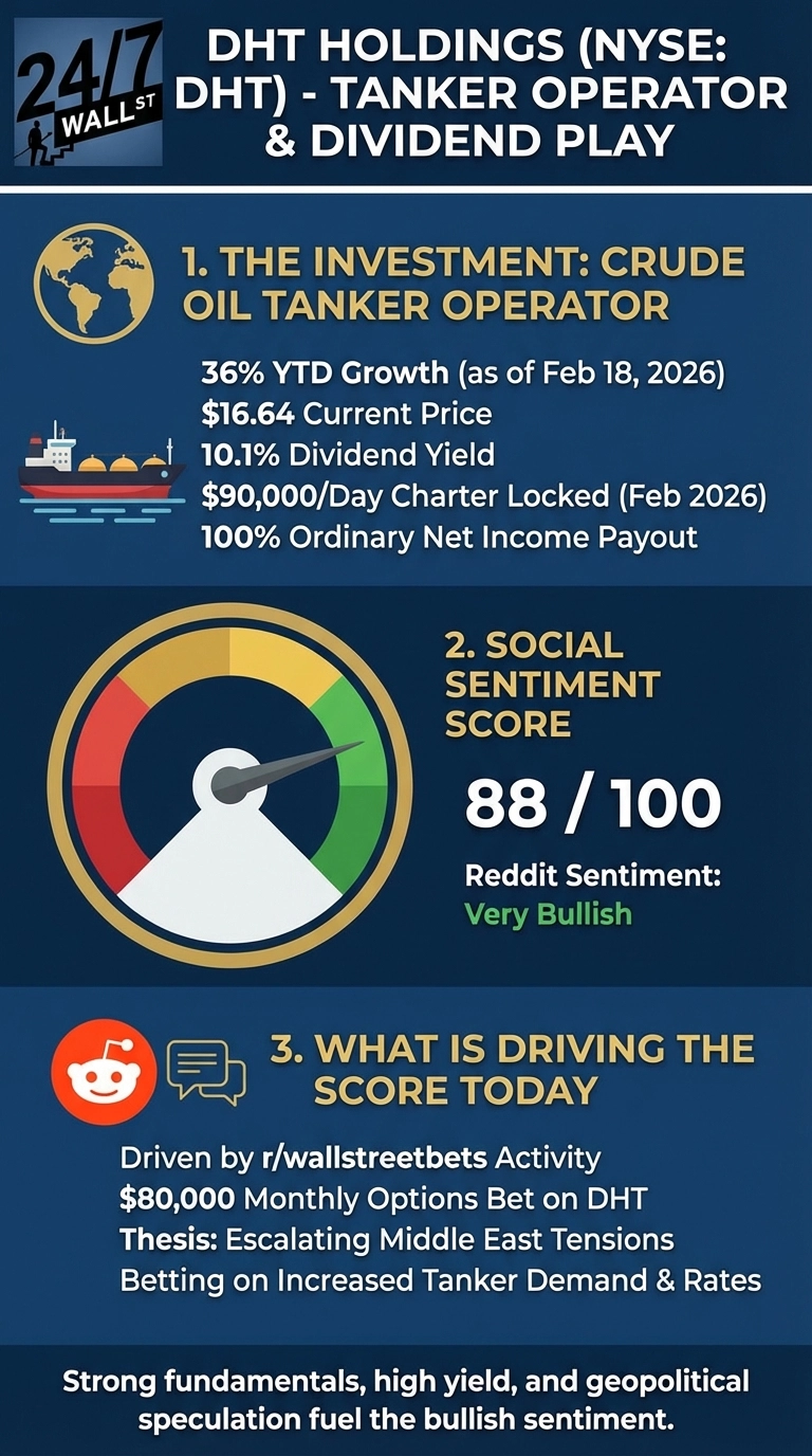 An infographic titled 'DHT HOLDINGS (NYSE: DHT) - TANKER OPERATOR & DIVIDEND PLAY' on a dark blue background with white and gold text. Section 1, 'THE INVESTMENT: CRUDE OIL TANKER OPERATOR,' features icons of a globe and an oil tanker, listing key data: 36% YTD Growth (as of February 18, 2026), $16.64 Current Price, 10.1% Dividend Yield, $90,000/Day Charter Locked (February 2026), and 100% Ordinary Net Income Payout. Section 2, 'SOCIAL SENTIMENT SCORE,' displays a speedometer-like sentiment meter with a needle pointing to '88 / 100' in the green 'Very Bullish' zone, noting 'Reddit Sentiment: Very Bullish.' Section 3, 'WHAT IS DRIVING THE SCORE TODAY,' with a Reddit logo and chat bubble icon, outlines reasons: 'Driven by r/wallstreetbets Activity,' '$80,000 Monthly Options Bet on DHT,' 'Thesis: Escalating Middle East Tensions,' and 'Betting on Increased Tanker Demand & Rates.' A concluding statement at the bottom reads: 'Strong fundamentals, high yield, and geopolitical speculation fuel the bullish sentiment.'