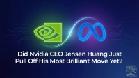 A digital graphic shows the glowing green Nvidia logo on the left and the glowing blue Meta logo on the right, connected by a shimmering, wavy light streak. The background is a dark blue with faint circuit board lines. White text below reads: 'Did Nvidia CEO Jensen Huang Just Pull Off His Most Brilliant Move Yet?'. The '24/7 WALL ST' logo is in the bottom right.