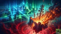 An aerial, stylized digital illustration shows a split scene. On the left, a modern city glows with vibrant blue and green data lines connecting buildings and highways, implying a thriving digital network. On the right, a medieval-style castle structure, integrated with tall communication towers, is violently exploding into fiery debris and dark smoke, with broken chains swirling in red clouds beneath. The background transitions from bright teal above the city to dark, ominous red below the destruction.