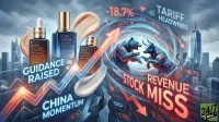 An intricate digital artwork featuring Estée Lauder beauty products in the foreground, with a blurred cityscape and cloudy sky behind. Glowing financial chart lines, one rising with 'GUIDANCE RAISED' and 'CHINA MOMENTUM' text, and another falling with 'STOCK REVENUE MISS' and 'TARIFF HEADWINDS,' frame a central stylized bull and bear locked in battle. Negative percentage figures like '-18.7%' are scattered, emphasizing market volatility. The artwork uses a palette of blues, oranges, and reds with striking light effects.