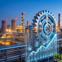An aerial perspective of a large industrial complex at dusk, featuring numerous tall towers, interconnected pipes, and two large cooling towers emitting steam, all brightly lit. A semi-transparent blue holographic overlay dominates the foreground, showcasing a large metallic gear, a rising bar graph with an upward arrow, and glowing circular icons representing gas, water, chemicals, and factory buildings. The sky is a deep blue.