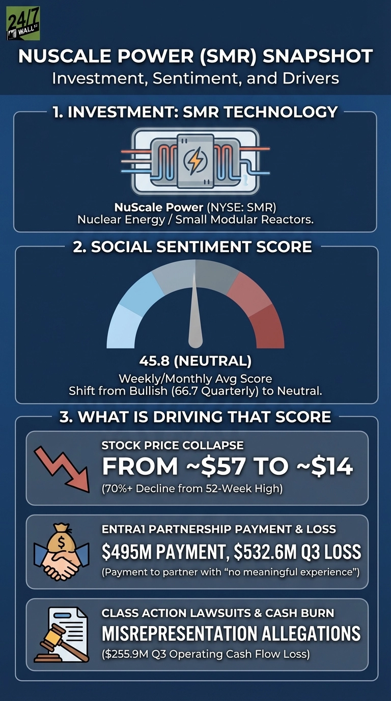 An infographic titled 'NuScale Power (SMR) Snapshot: Investment, Sentiment, and Drivers' against a dark blue background. Section 1, 'Investment: SMR Technology,' shows a diagram of a small modular reactor and text 'NuScale Power (NYSE: SMR), Nuclear Energy / Small Modular Reactors.' Section 2, 'Social Sentiment Score,' features a red-to-blue gauge with a needle pointing to 45.8 (NEUTRAL), noting a shift from a 66.7 Quarterly Bullish score. Section 3, 'What is Driving That Score,' lists three bullet points with icons: 'STOCK PRICE COLLAPSE FROM ~$57 TO ~$14 (70%+ Decline from 52-Week High)' with a red downward arrow; 'ENTRA1 PARTNERSHIP PAYMENT &amp; LOSS $495M PAYMENT, $532.6M Q3 LOSS (Payment to partner with 