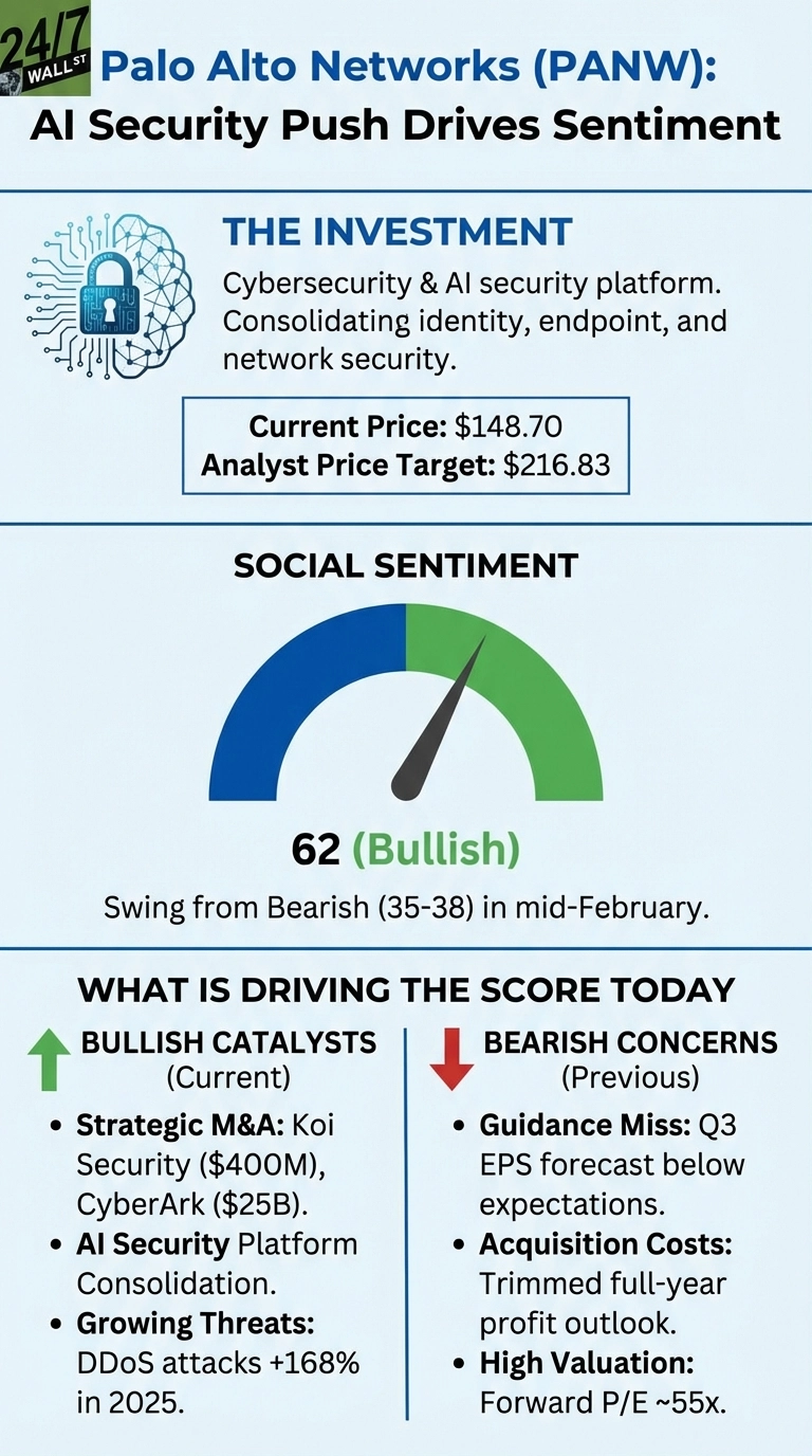 An infographic titled 'Palo Alto Networks (PANW): AI Security Push Drives Sentiment'. It features a section 'THE INVESTMENT' with an icon of a padlock intertwined with a brain and circuit, describing Cybersecurity & AI security platform consolidation. It lists 'Current Price: $148.70' and 'Analyst Price Target: $216.83'. A 'SOCIAL SENTIMENT' gauge chart shows a reading of '62 (Bullish)', with a note 'Swing from Bearish (35-38) in mid-February'. Below this, 'WHAT IS DRIVING THE SCORE TODAY' is divided into 'BULLISH CATALYSTS (Current)' with a green upward arrow and 'BEARISH CONCERNS (Previous)' with a red downward arrow. Bullish catalysts include 'Strategic M&A: Koi Security ($400M), CyberArk ($25B)', 'AI Security Platform Consolidation', and 'Growing Threats: DDoS attacks +168% in 2025'. Bearish concerns include 'Guidance Miss: Q3 EPS forecast below expectations', 'Acquisition Costs: Trimmed full-year profit outlook', and 'High Valuation: Forward P/E ~55x'. The infographic uses a light blue background with black text and green and blue accents for the gauge.