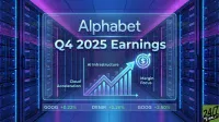 A vibrant and futuristic image of a data center filled with glowing blue and purple server racks. In the foreground, a translucent digital screen presents 'Alphabet Q4 2025 Earnings'. Below the title, a bar chart and line graph show an upward trend, with labels 'Cloud Acceleration', 'AI Infrastructure', and 'Margin Focus', culminating in an arrow pointing towards a target icon with a dollar sign. At the bottom of the screen, stock tickers 'GOOG +0.22%', 'DENIR +0.26%', and 'GOOG +2.50%' are displayed, along with a '24/7 WALL ST' logo.