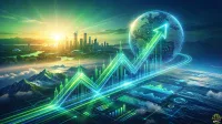 An aerial view showcases a futuristic cityscape at sunrise, overlooking a vast landscape of mountains and ocean. Prominently in the foreground, glowing green and blue digital lines form an upward-trending stock market graph, connected to a digital globe patterned with circuit lines. Several holographic data visualization charts are displayed at the bottom right, with the '24/7 WALL ST' logo in the bottom right corner.