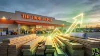 Stacks of new lumber, a hammer, and a rolled-up blueprint are in the foreground. A glowing, bright green and yellow arrow points upwards from the center. In the blurred background, a Home Depot store with its orange sign is visible under a dusky sky.