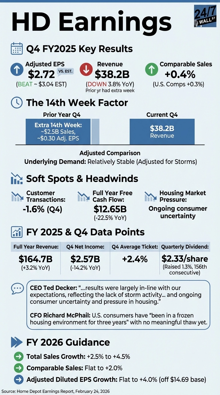An infographic titled 'HD Earnings' with a blue background and white text. It presents Home Depot's Q4 FY2025 financial results and FY2026 guidance, divided into five main sections. 'Q4 FY2025 Key Results' shows Adjusted EPS of $2.72 (up, beat $3.04 EST), Revenue of $38.2B (down 3.8% YoY), and Comparable Sales up +0.4%. 'The 14th Week Factor' section includes a bar chart illustrating the impact of an extra 14th week in the prior year's Q4 on sales and EPS, with Current Q4 Revenue at $38.2B. 'Soft Spots & Headwinds' lists Customer Transactions down -1.6% (Q4), Full Year Free Cash Flow at $12.65B (-22.5% YoY), and Housing Market Pressure due to ongoing consumer uncertainty. 'FY 2025 & Q4 Data Points' includes Full Year Revenue $164.7B (+3.2% YoY), Q4 Net Income $2.57B (-14.2% YoY), Q4 Average Ticket +2.4%, and Quarterly Dividend $2.33/share (raised 1.3%). This section also features quotes from CEO Ted Decker and CFO Richard McPhail. Finally, 'FY 2026 Guidance' outlines Total Sales Growth +2.5% to +4.5%, Comparable Sales Flat to +2.0%, and Adjusted Diluted EPS Growth Flat to +4.0% (off $14.69 base). The source is 'Home Depot Earnings Report, February 24, 2026'.