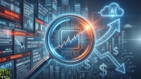 A dark blue-toned graphic showing a magnifying glass centered over a glowing circuit board with an orange and blue stock chart trending upwards. In the background, multiple digital screens display financial news, including mentions of 'HP INC. EARNINGS REPORT' and 'WARNING' messages, alongside skyscrapers. To the right, glowing blue arrows depict upward and downward market trends, with dollar signs, an AI cloud computing icon, and more circuit board patterns indicating technology and financial data analysis.
