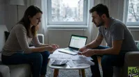 A man and a woman sit on separate sofas, leaning over a coffee table with financial documents, a laptop showing a spreadsheet, and a calculator. The woman on the left, with brown hair, wears a light top and jeans, looking down. The man on the right, with dark hair and a beard, wears a grey t-shirt and jeans, holding a paper and looking across. The setting is a living room with a large window in the background offering a blurred view of a city street. The scene conveys a serious, focused discussion about finances.