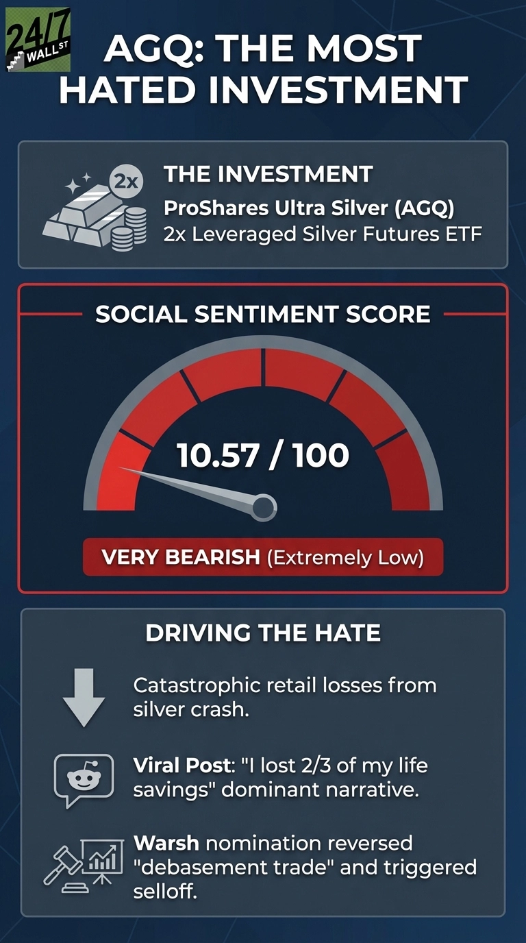 An infographic titled 'AGQ: THE MOST HATED INVESTMENT' on a dark blue background. The top section, 'THE INVESTMENT', shows an icon of silver bars and coins with '2x', and text 'ProShares Ultra Silver (AGQ) 2x Leveraged Silver Futures ETF'. The middle section, 'SOCIAL SENTIMENT SCORE', features a red and white gauge indicating '10.57 / 100' with the text 'VERY BEARISH (Extremely Low)'. The bottom section, 'DRIVING THE HATE', lists three reasons with icons: a down arrow for 'Catastrophic retail losses from silver crash'; a Reddit icon for 'Viral Post: 