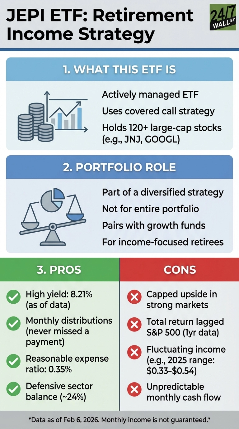 An infographic titled 'JEPI ETF: Retirement Income Strategy' is divided into three main sections. Section 1, 'What This ETF Is,' includes an icon of stacked coins and a line chart, and lists that JEPI is an actively managed ETF using a covered call strategy, holding 120+ large-cap stocks (e.g., JNJ, GOOGL). Section 2, 'Portfolio Role,' features an icon of scales balancing a pie chart and states it is part of a diversified strategy, not for an entire portfolio, pairs with growth funds, and is for income-focused retirees. Section 3 presents 'Pros' and 'Cons' in two columns. Pros, marked with green checkmarks, include: High yield: 8.21% (as of data), Monthly distributions (never missed a payment), Reasonable expense ratio: 0.35%, and Defensive sector balance (~24%). Cons, marked with red X's, include: Capped upside in strong markets, Total return lagged S&amp;P 500 (1yr data), Fluctuating income (e.g., 2025 range: $0.33-$0.54), and Unpredictable monthly cash flow. A footer at the bottom states, 'Data as of Feb 6, 2026. Monthly income is not guaranteed.'