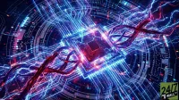 A highly stylized digital image features a bright, glowing square processor at its core, emitting intense blue and red light. Numerous radiant blue lines, resembling circuit traces, extend outwards, while thick, dark, intertwined cables with red glowing accents snake around the central element. The background is dark with subtle abstract digital patterns, conveying a sense of advanced technology and energy.