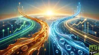A digital illustration depicts two flowing streams of liquid, a golden-amber one containing coffee beans on the left, and a bright blue one with bubbles on the right. Both streams curve over a glowing, abstract global map. Accompanying these streams are luminous green and yellow lines with multiple upward-pointing arrows, symbolizing growth and positive market trends. A bright light source emanates from the top center of the image, where the two streams converge. The bottom right corner features the '24/7 WALL ST' logo.