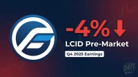A graphic displaying the LCID company logo on the left, with large red text "-4%" and a downward arrow on the right. Below this, white text reads "LCID Pre-Market" and a black box states "Q4 2025 Earnings". The background is a dark blue and red gradient with subtle financial chart elements. The "24/7 WALL ST" logo is in the bottom right corner.
