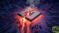 A computer microchip is dramatically cracked in the center, glowing intensely with red and orange light, and emitting smoke. The chip is seated on a dark circuit board covered with intricate, glowing white and purple electrical pathways. The scene depicts a catastrophic hardware failure.