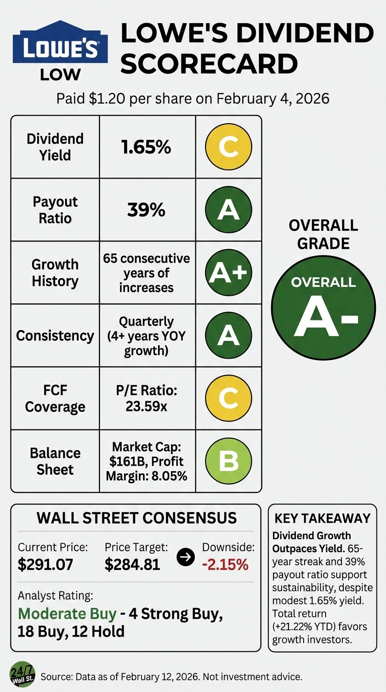 An infographic titled 'Lowe's Dividend Scorecard' for ticker LOW. The main section is a table showing six dividend metrics with their values and letter grades: Dividend Yield: 1.65% (C), Payout Ratio: 39% (A), Growth History: 65 consecutive years of increases (A+), Consistency: Quarterly (4+ years YOY growth) (A), FCF Coverage (P/E Ratio): 23.59x (C), and Balance Sheet (Market Cap, Profit Margin): $161B, 8.05% (B). An 'OVERALL GRADE' circle prominently displays 'A-'. Below, a 'WALL STREET CONSENSUS' section shows Current Price: $291.07, Price Target: $284.81, and Downside: -2.15%, with an Analyst Rating of 'Moderate Buy'. A 'KEY TAKEAWAY' box summarizes dividend growth outpaces yield and notes a 21.22% YTD total return. The image background is white with green, yellow, and blue accents for grades and the Lowe's logo. Data is as of February 12, 2026.