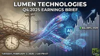 A promotional graphic for Lumen Technologies' Q4 2025 earnings brief. It illustrates a transition from old, tangled electrical wires and utility poles on the left to modern, glowing fiber optic cables emitting blue and purple light on the right. An 'AI' chip graphic, abstract human brains, and an upward-trending stock chart with '84.39% YOY' are integrated into the futuristic side. A clock displaying 4:01 PM and text stating 'TUESDAY, FEBRUARY 3, 2026 | 4:01 PM ET' are prominently featured.