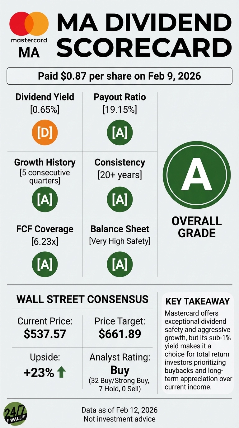 An infographic titled 'MA DIVIDEND SCORECARD' for Mastercard, featuring the Mastercard logo at the top left. It highlights a dividend payment of '$0.87 per share on Feb 9, 2026'. The scorecard details six metrics with their values and letter grades: Dividend Yield [0.65%] [D], Payout Ratio [19.15%] [A], Growth History [5 consecutive quarters] [A], Consistency [20+ years] [A], FCF Coverage [6.23x] [A], and Balance Sheet [Very High Safety] [A]. A large green circle on the right prominently displays 'A' as the 'OVERALL GRADE'. Below this, the 'WALL STREET CONSENSUS' section shows 'Current Price: $537.57', 'Price Target: $661.89', 'Upside: +23% (with a green upward arrow)', and 'Analyst Rating: Buy (32 Buy/Strong Buy, 7 Hold, 0 Sell)'. A 'KEY TAKEAWAY' text box summarizes Mastercard's dividend profile, while the bottom states 'Data as of Feb 12, 2026' and 'Not investment advice', alongside the '24/7 WALL ST' logo. The infographic uses a clean layout with white and light grey backgrounds, accented by green and orange circular grade indicators.