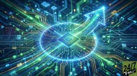 A futuristic digital illustration shows a glowing blue and green circuit board with a central microchip design. A prominent, bright blue upward-pointing arrow emerges from the circular chip, symbolizing growth and technological advancement. The background is dark, enhancing the luminosity of the circuits.