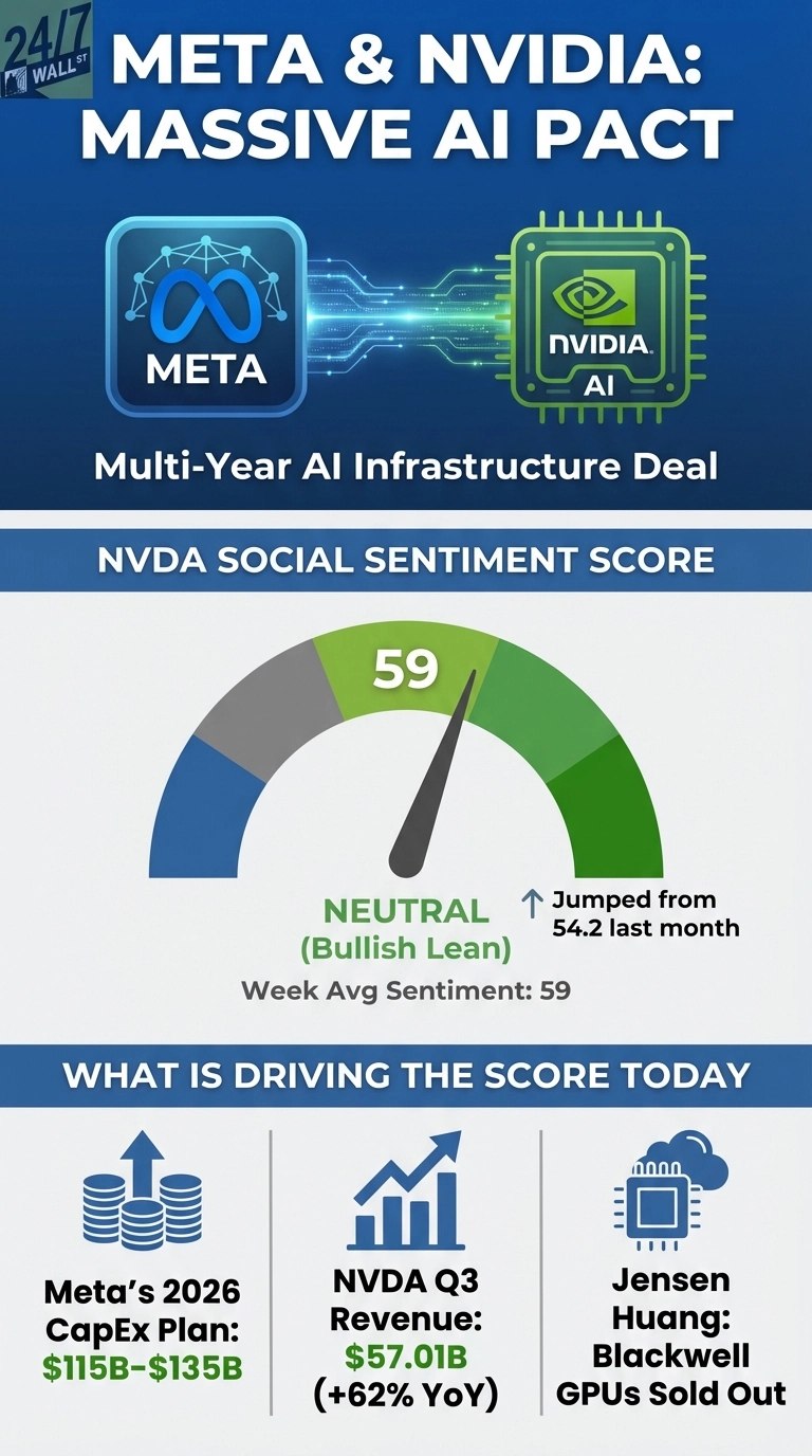 An infographic detailing NVIDIA's social sentiment score and its contributing factors. The top section features the Meta and NVIDIA logos connected by circuit board lines, emphasizing a 'Multi-Year AI Infrastructure Deal'. Below, a speedometer-like gauge displays the 'NVDA SOCIAL SENTIMENT SCORE' as 59, labeled 'NEUTRAL (Bullish Lean)', with an upward arrow indicating it 'Jumped from 54.2 last month'. The 'Week Avg Sentiment' is also 59. The bottom section, titled 'WHAT IS DRIVING THE SCORE TODAY', presents three key drivers: 'Meta's 2026 CapEx Plan: $115B-$135B' with an icon of stacked coins and an arrow, 'NVDA Q3 Revenue: $57.01B (+62% YoY)' with a rising bar chart icon, and 'Jensen Huang: Blackwell GPUs Sold Out' with an icon depicting a computer chip under a cloud.
