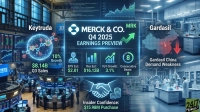 A blue-hued digital graphic overlaid on scenes of a busy stock exchange floor and a pharmaceutical laboratory. The central panel announces 'MERCK & CO. MRK Q4 2025 EARNINGS PREVIEW' with estimated EPS of $2.01, revenue of $16.12 billion, 3.1% YoY growth, and 8 consecutive beats. To the left, 'Keytruda' shows $8.14 billion in Q3 sales and 10% growth with a molecular diagram. To the right, 'Gardasil' is shown with a map of China indicating 'Demand Weakness'. At the bottom, a handshake graphic signifies 'Insider Confidence: $15.98M Purchase'. The visual conveys financial analysis and market outlook.