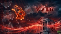 A dramatic digital illustration showing a fiery, cracked Bitcoin symbol at the center, appearing to break through a transparent, shattered bar chart. The background features a dark, stormy sky with bolts of lightning, above which the word 'VOLATILITY' is written in a distressed font. Red financial data figures are scattered across the scene. In the lower right, a neoclassical bank building stands on ground that is severely cracked and breaking apart, with streaks of red light suggesting rapid data flow or energy. Shards of broken glass from the chart fly around the Bitcoin symbol.