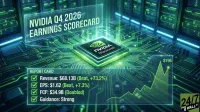 A futuristic digital graphic displaying NVIDIA's Q4 2026 earnings scorecard. A glowing green NVIDIA Blackwell chip is centered on a complex circuit board with illuminated pathways, set against a backdrop of server racks. A transparent overlay presents 'NVIDIA Q4 2026 EARNINGS SCORECARD' and a 'REPORT CARD' section. The report card lists: Revenue: $68.13B (Beat, +73.2%), EPS: $1.62 (Beat, +7.3%), FCF: $34.9B (Doubled), and Guidance: Strong. To the right, a green line graph peaks at a value of $196. The '24/7 WALL ST' logo is visible in the bottom right corner.