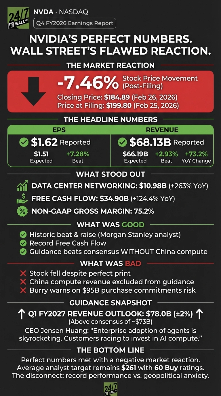 An infographic titled 'NVIDIA'S PERFECT NUMBERS. WALL STREET'S FLAWED REACTION.' presented on a dark background. It features a prominent red section showing a downward arrow and '-7.46%' for stock price movement (Post-Filing), with a closing price of $184.89 (Feb 26, 2026). Below, green sections display headline numbers: EPS reported at $1.62 (beating $1.51 expected) and Revenue reported at $68.13B (beating $66.19B expected), indicating significant year-over-year growth. Key highlights include Data Center Networking at $10.98B (+263% YoY), Free Cash Flow at $34.90B (+124.4% YoY), and a Non-GAAP Gross Margin of 75.2%. Sections are dedicated to 'What Was Good' (e.g., historic beat &amp; raise, record Free Cash Flow) and 'What Was Bad' (e.g., stock fell despite perfect print, China compute revenue excluded). The guidance snapshot shows Q1 FY2027 revenue outlook at $78.0B. A quote from CEO Jensen Huang and 'The Bottom Line' summary are also included.
