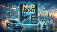 A futuristic digital graphic showcasing NXP's Q4 2025 earnings report. A central glowing blue display panel shows 'NXP Q4 2025 EARNINGS' in large gold and blue text. Below it, an upward-trending bar chart with a golden arrow indicates growth, alongside text stating 'EPS CONSENSUS: $3.31' and 'REVENUE: $3.30B'. Additional text reads 'AUTOMOTIVE STABILIZATION' and 'INDUSTRIAL/IoT RECOVERY'. The background features a metropolitan skyline at dusk, a dotted world map with network lines, a sleek futuristic electric car, and industrial robotic arms, all connected by glowing circuit board patterns on a dark blue surface. The overall mood is technological, forward-looking, and positive.