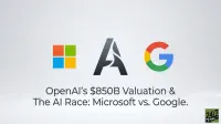 Three corporate logos are centered on a light grey background: Microsoft's four colored squares on the left, OpenAI's dark grey stylized 'A' in the middle, and Google's multicolored 'G' on the right. Below the logos, black text reads: "OpenAI's $850B Valuation & The AI Race: Microsoft vs. Google." A small '24/7 WALL ST' logo is visible in the bottom right corner.