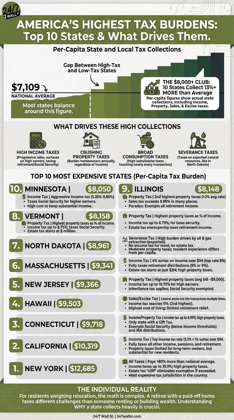 Infographic ranking the top 10 US states by per-capita tax burden, featuring a list of states and their corresponding tax totals ranging from $8,050 to $12,685.